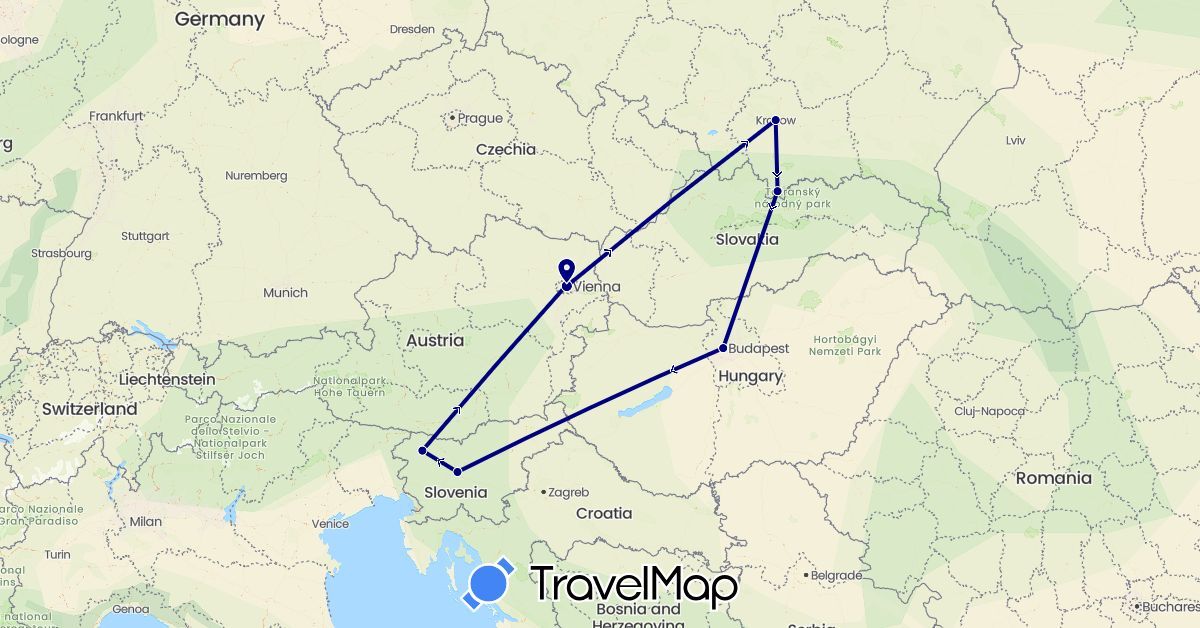 TravelMap itinerary: driving in Austria, Hungary, Poland, Slovenia (Europe)